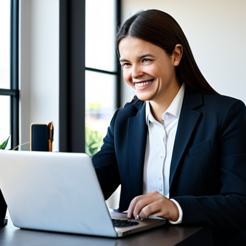 A professional-looking adult, fully clothed in modest business casual attire, first looking with a slightly disappointed expression at a non-functional, dark-screen smartphone, then transitioning to a scene where they are comfortably using a high-quality, sleek refurbished laptop, smiling gently. The setting is a bright, modern home office with natural light and a small indoor plant, conveying smart financial choices and environmental consciousness. Safe for work, appropriate content, professional, perfect anatomy, correct proportions, natural pose, well-formed hands, proper finger count, natural body proportions, high quality photography.