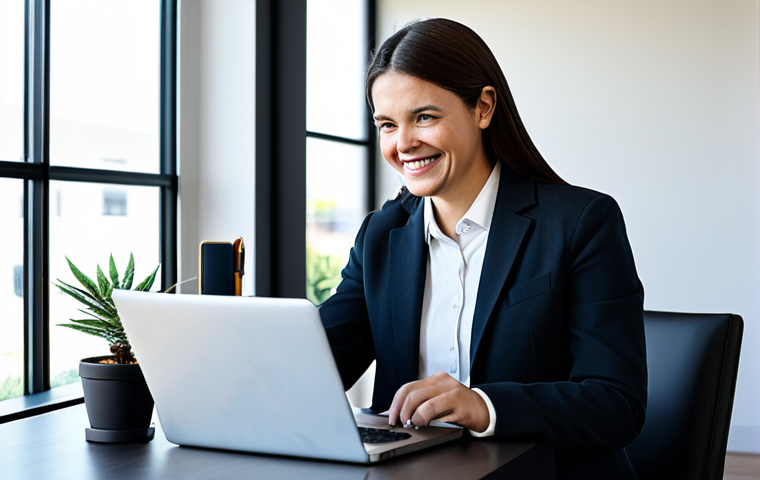 A professional-looking adult, fully clothed in modest business casual attire, first looking with a slightly disappointed expression at a non-functional, dark-screen smartphone, then transitioning to a scene where they are comfortably using a high-quality, sleek refurbished laptop, smiling gently. The setting is a bright, modern home office with natural light and a small indoor plant, conveying smart financial choices and environmental consciousness. Safe for work, appropriate content, professional, perfect anatomy, correct proportions, natural pose, well-formed hands, proper finger count, natural body proportions, high quality photography.