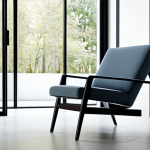 A serene, modern interior design studio, bathed in soft natural light. The space showcases an elegant, minimalist aesthetic, featuring sophisticated furniture pieces like a sleek lounge chair and a stylish side table, meticulously crafted from high-quality recycled plastic. The textures are smooth, and the colors are muted and contemporary. A single person, fully clothed in modest, professional attire, stands naturally near a large window, observing the design. High-resolution, professional studio photography, sharp focus, vibrant realistic colors, perfect anatomy, correct proportions, well-formed hands, proper finger count, natural body proportions, safe for work, appropriate content, fully clothed, professional, family-friendly.